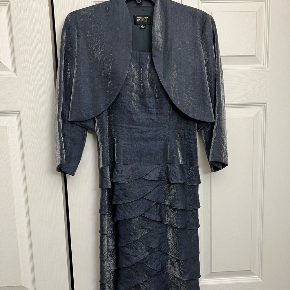 Adrianna Papell strapless cocktail dress in black sapphire with matching shaw